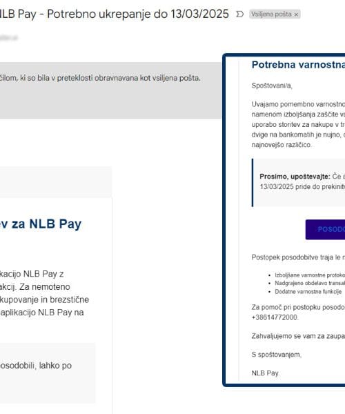 Prek emailov se širi poziv “Potrebna varnostna posodobitev za NLB Pay”. Ne nasedajte!