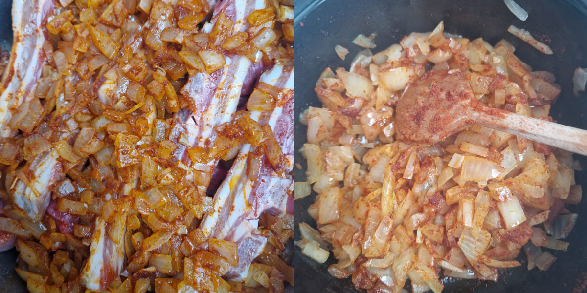 Praženje čebule na slanini