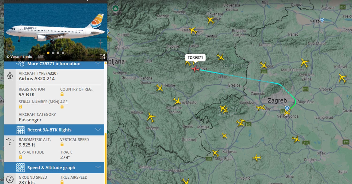 Nenavaden let med Zagrebom in Ljubljano: Airbus A320 je letel le dobre tri kilometre visoko